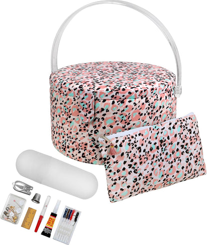 Large Round Sewing Basket with Emergency Travel Sewing Kit & Matching Zipper Pouch - Rose Pink Leopard Print