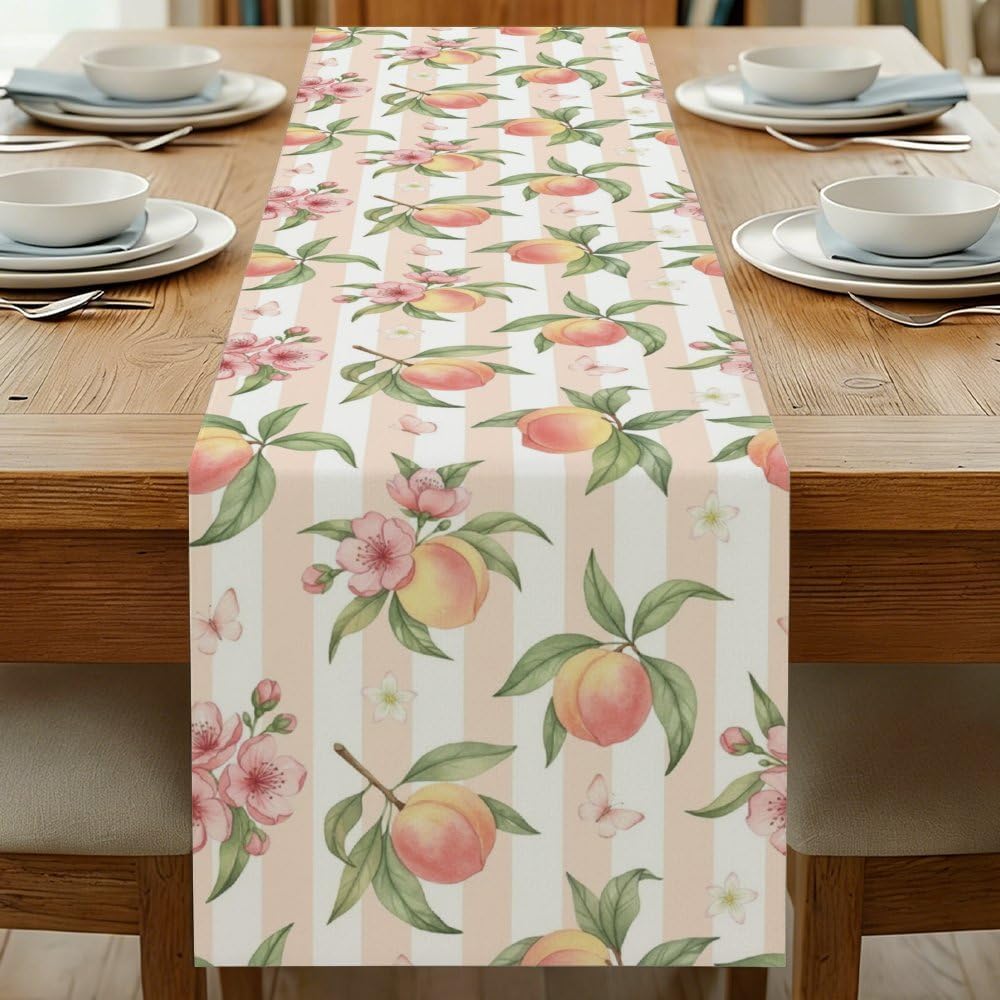 Linen Table Runner 71X13 Inch, Peach Stripe Motif Dining Burlap Runners for Tables Elegant, Boho Happy Birthday Table Runners Farmhouse Style for Moroccan Kitchen Decoration
