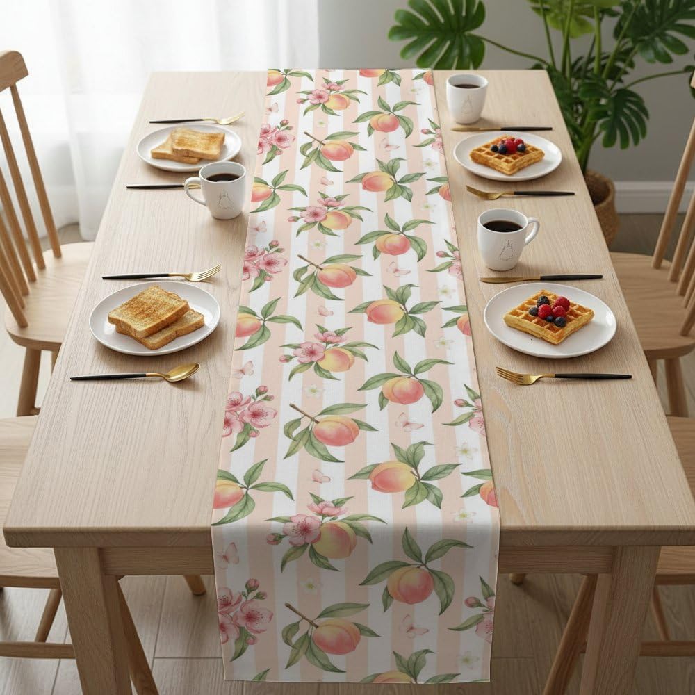 Linen Table Runner 71X13 Inch, Peach Stripe Motif Dining Burlap Runners for Tables Elegant, Boho Happy Birthday Table Runners Farmhouse Style for Moroccan Kitchen Decoration