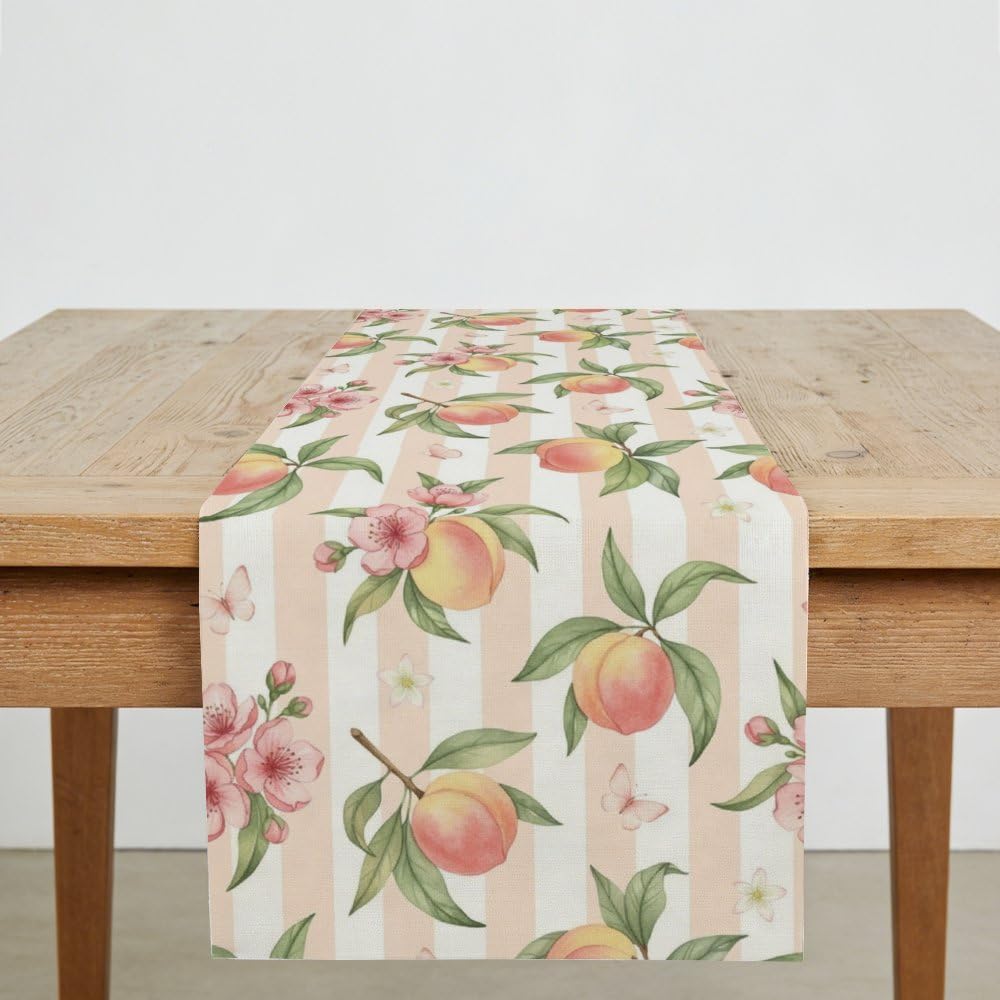 Linen Table Runner 71X13 Inch, Peach Stripe Motif Dining Burlap Runners for Tables Elegant, Boho Happy Birthday Table Runners Farmhouse Style for Moroccan Kitchen Decoration