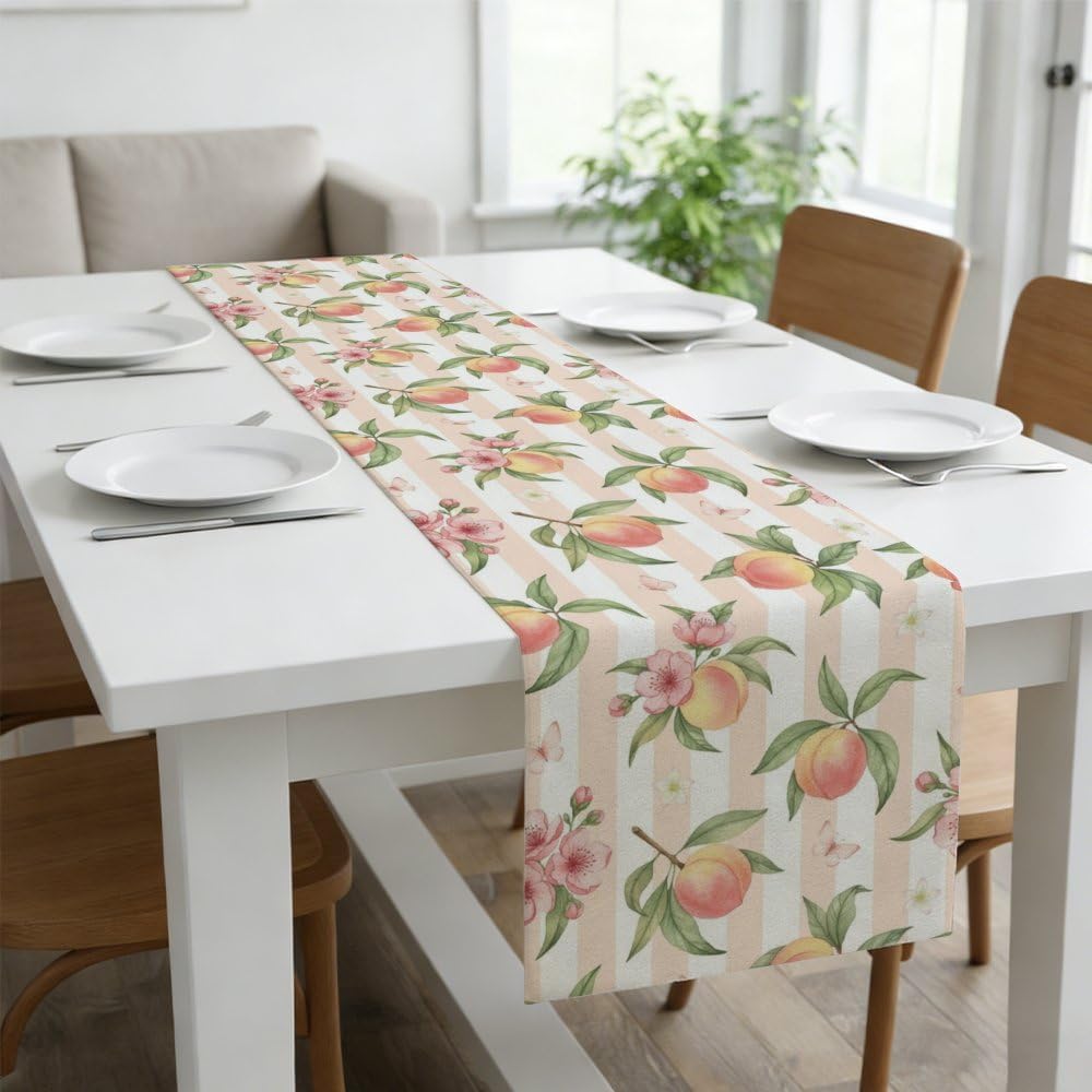 Linen Table Runner 71X13 Inch, Peach Stripe Motif Dining Burlap Runners for Tables Elegant, Boho Happy Birthday Table Runners Farmhouse Style for Moroccan Kitchen Decoration