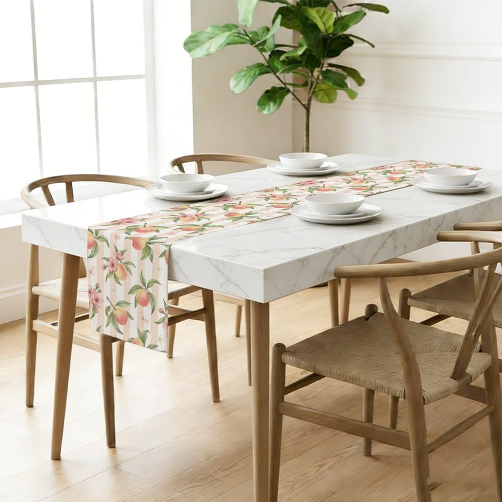 Linen Table Runner 71X13 Inch, Peach Stripe Motif Dining Burlap Runners for Tables Elegant, Boho Happy Birthday Table Runners Farmhouse Style for Moroccan Kitchen Decoration