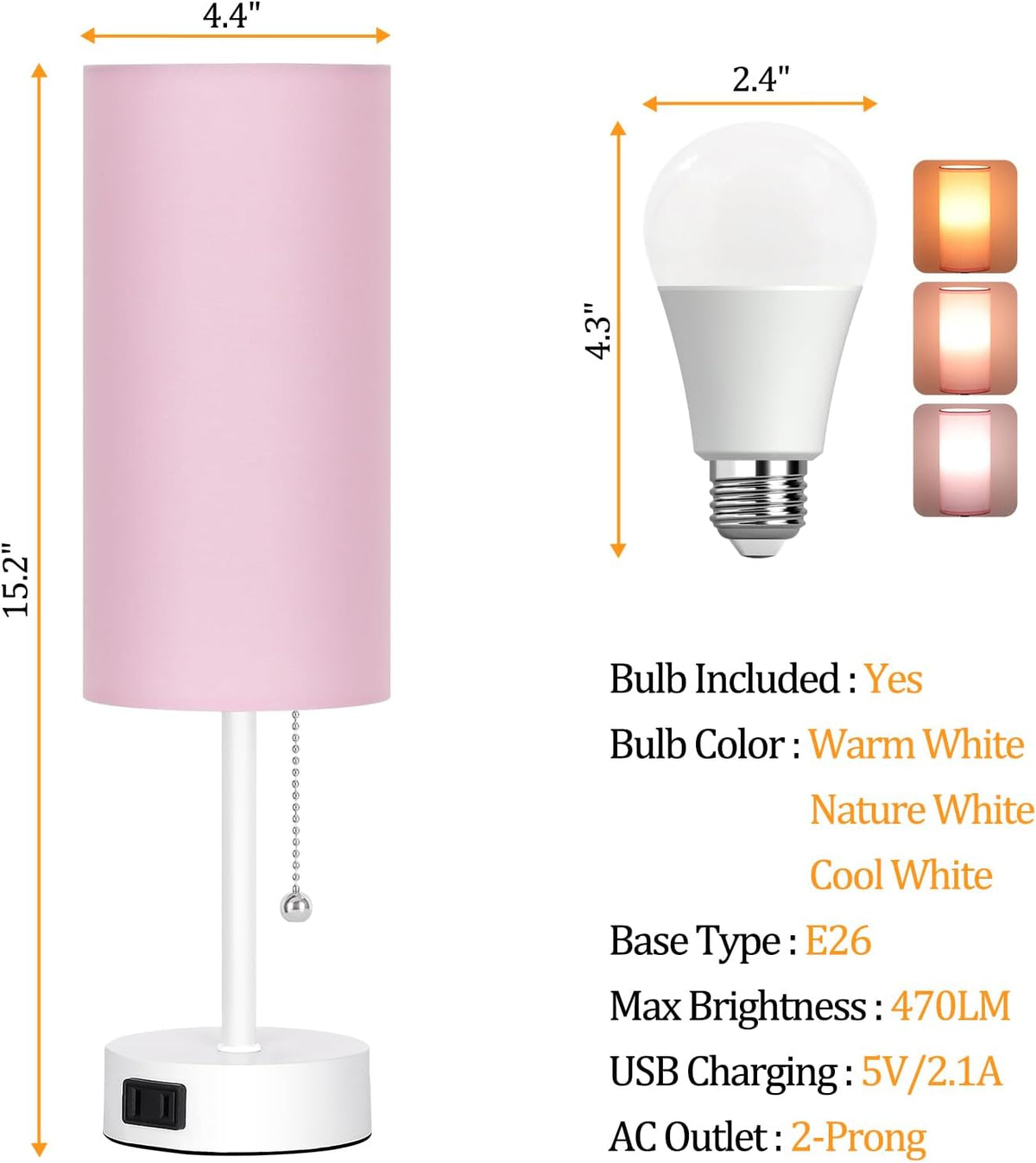 Table Lamp for Bedroom, 3-Color Bedside Lamps with Pull Chain