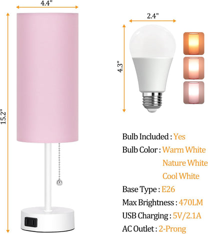 Table Lamp for Bedroom, 3-Color Bedside Lamps with Pull Chain
