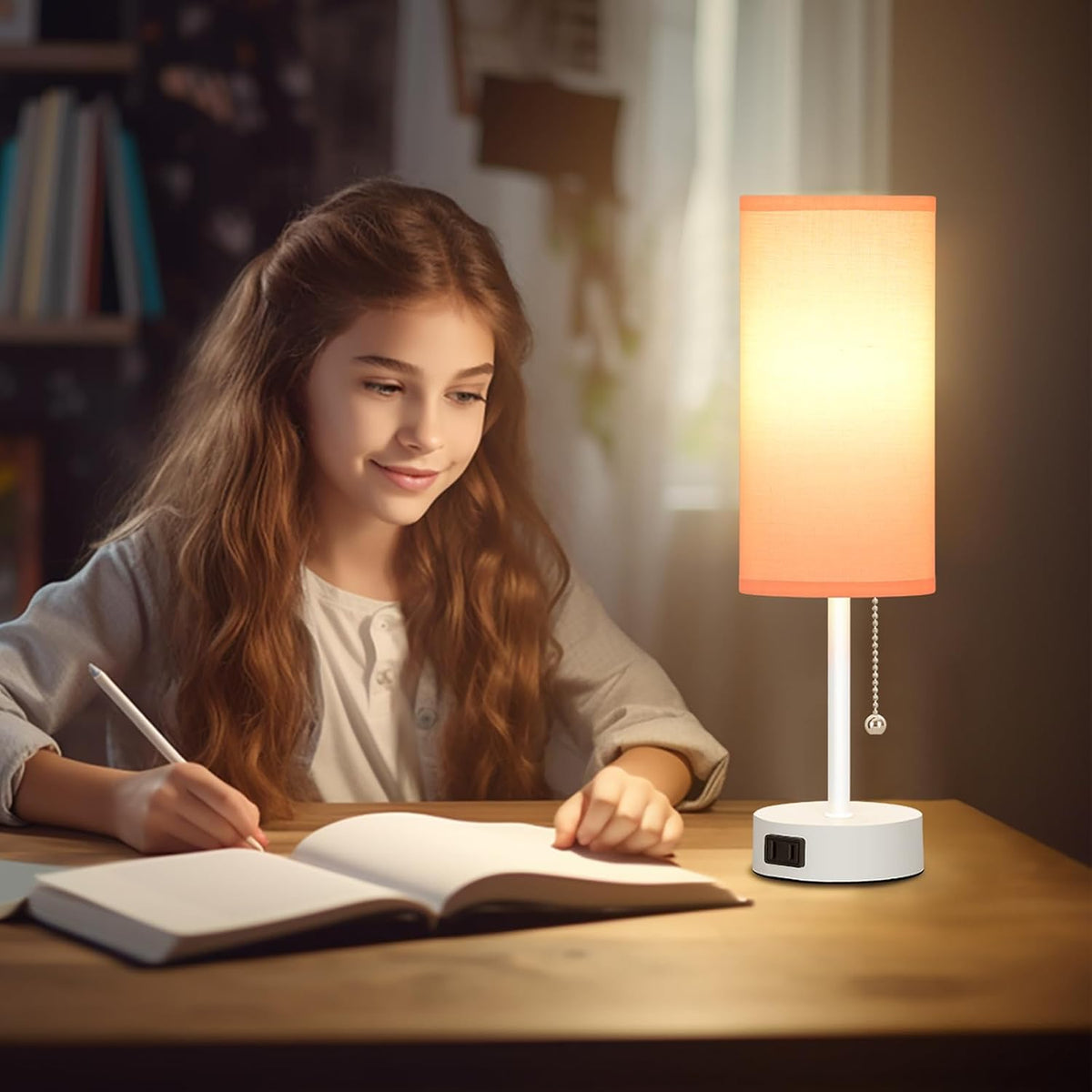 Table Lamp for Bedroom, 3-Color Bedside Lamps with Pull Chain