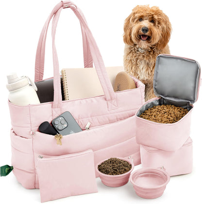 Puffer Dog Travel Bag for Dog Moms – Doggy Diaper Bag with Pet Bowls & Food Storage or Everyday Puffy Tote – Doggy Mom Gifts for Women – Lightweight, Travel-Ready Gift for Pet Lovers - Pink