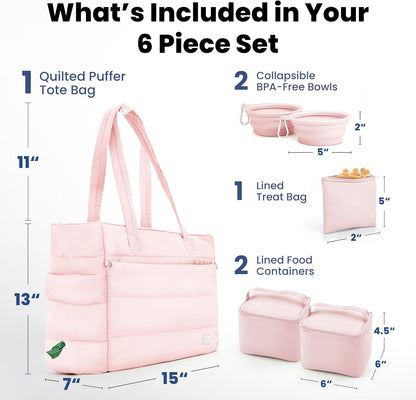 Puffer Dog Travel Bag for Dog Moms – Doggy Diaper Bag with Pet Bowls & Food Storage or Everyday Puffy Tote – Doggy Mom Gifts for Women – Lightweight, Travel-Ready Gift for Pet Lovers - Pink