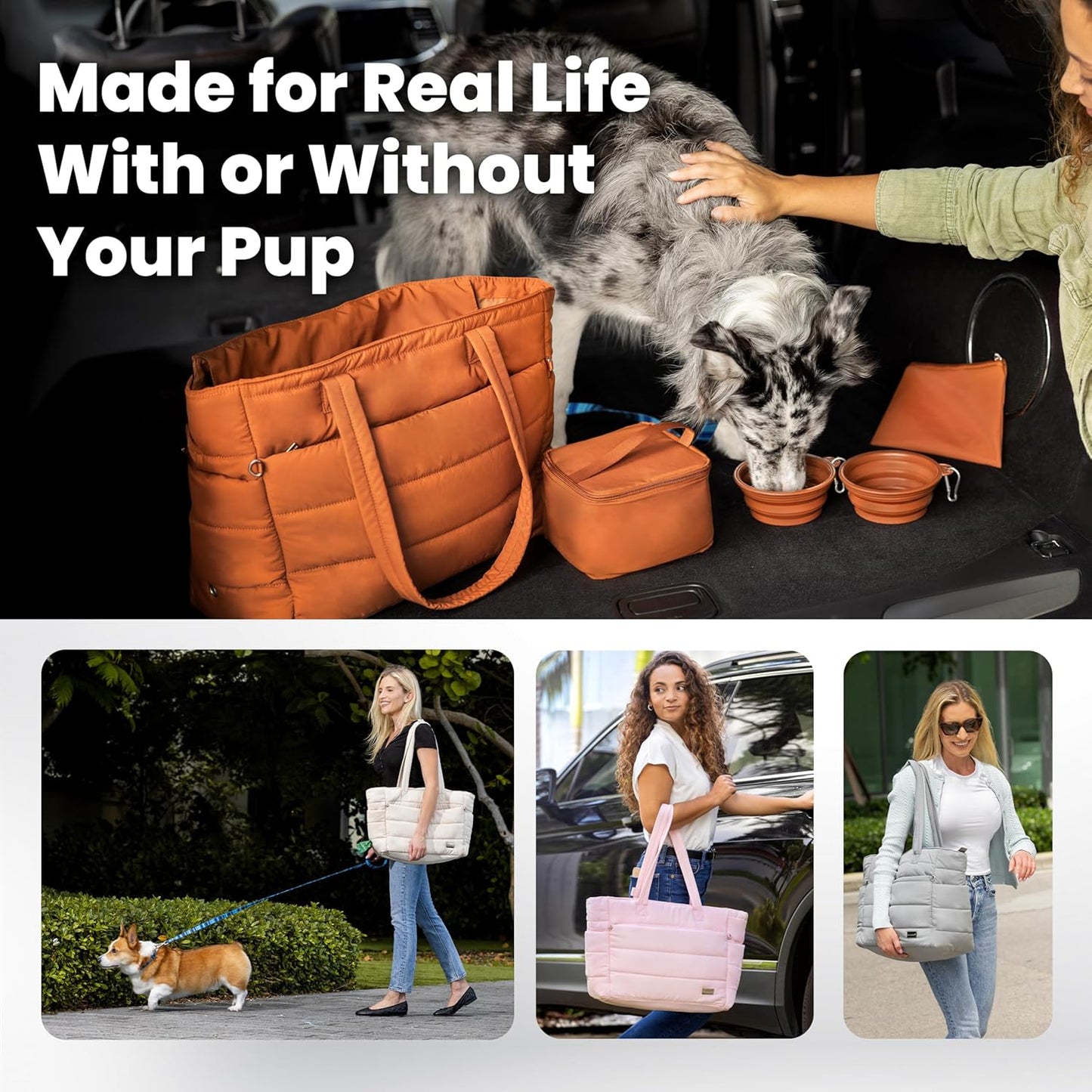 Puffer Dog Travel Bag for Dog Moms – Doggy Diaper Bag with Pet Bowls & Food Storage or Everyday Puffy Tote – Doggy Mom Gifts for Women – Lightweight, Travel-Ready Gift for Pet Lovers - Pink