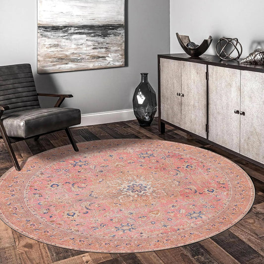 Washable Vintage Round Rug 5ft for Living Room, Floral Bedroom Rug