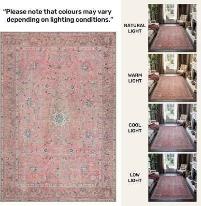 Washable Vintage Round Rug 5ft for Living Room, Floral Bedroom Rug
