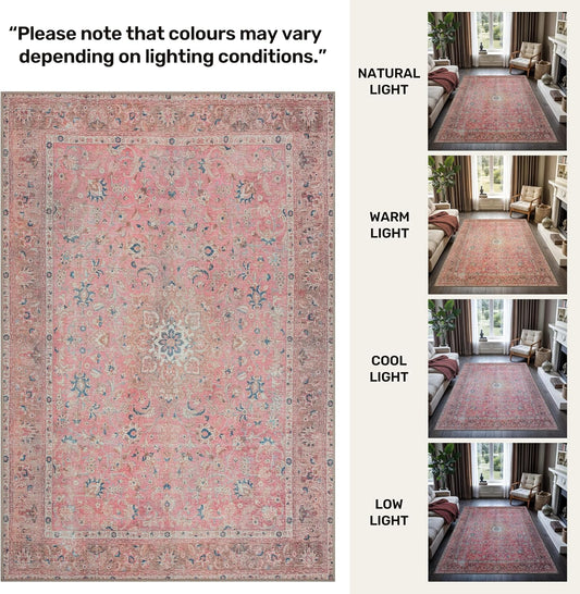 Washable Vintage Round Rug 5ft for Living Room, Floral Bedroom Rug