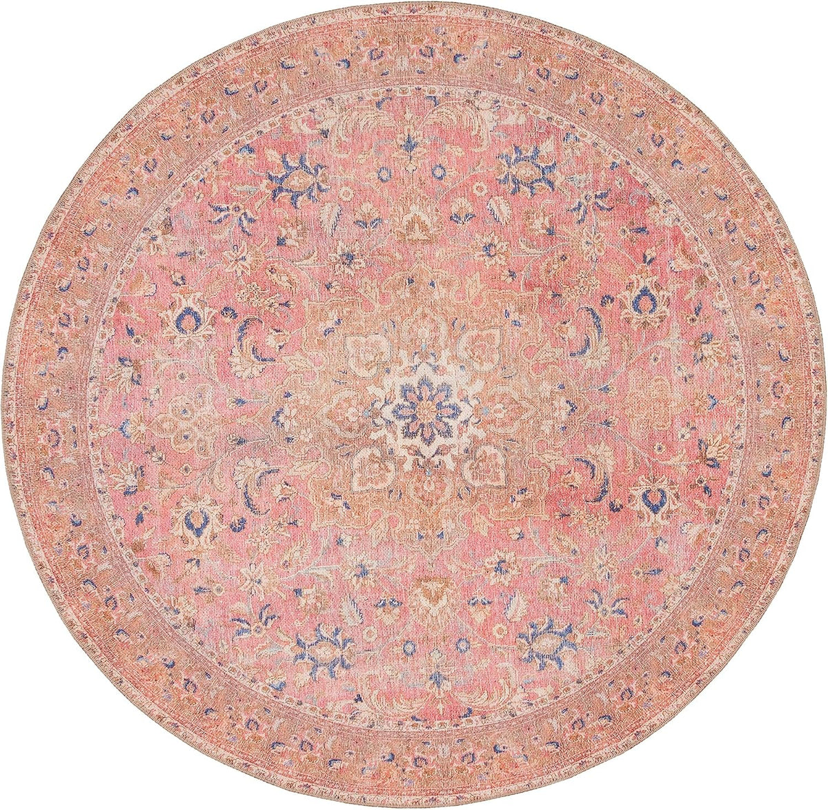 Washable Vintage Round Rug 5ft for Living Room, Floral Bedroom Rug