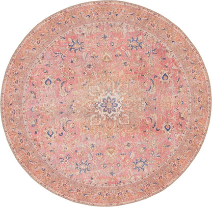 Washable Vintage Round Rug 5ft for Living Room, Floral Bedroom Rug