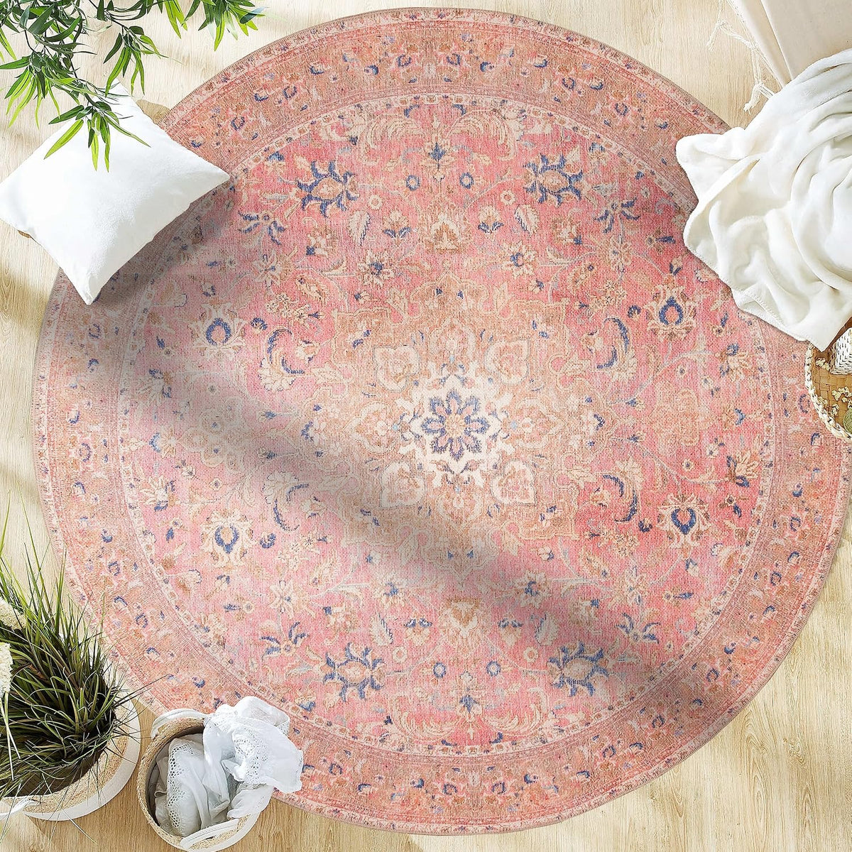 Washable Vintage Round Rug 5ft for Living Room, Floral Bedroom Rug