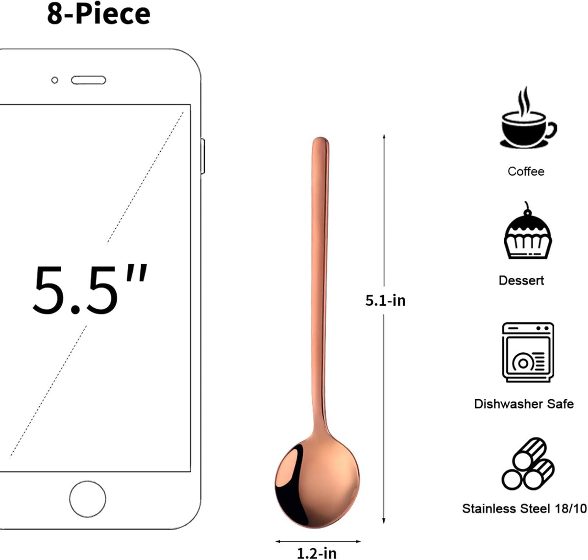 Cute Small Coffee Spoons Set of 8, 18/10 Stainless Steel Rose Gold Demitasse Spoons for Tea, Dessert, Appetizer, 5.1-inch