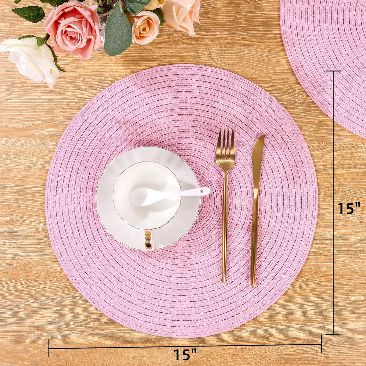 Round Braided Placemats Set of 4 Washable 15 inch Round Table Mats for Dining Table Place Mats Home Wedding Party Decor (Pink, 4)