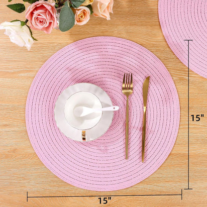 Round Braided Placemats Set of 4 Washable 15 inch Round Table Mats for Dining Table Place Mats Home Wedding Party Decor (Pink, 4)