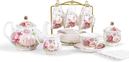 European Vintage Floral Porcelain Coffee Set, Pink Women Tea Set