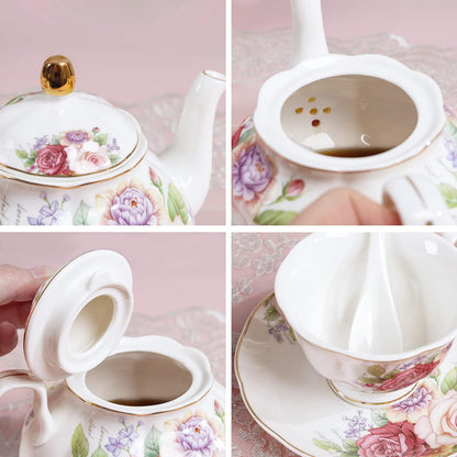 European Vintage Floral Porcelain Coffee Set, Pink Women Tea Set