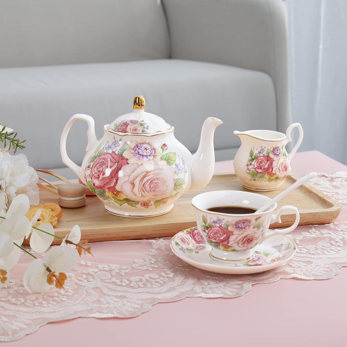 European Vintage Floral Porcelain Coffee Set, Pink Women Tea Set