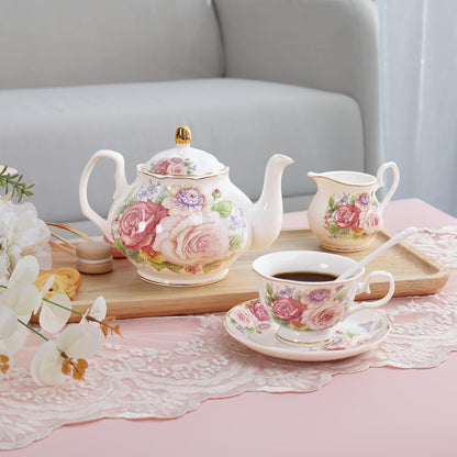 European Vintage Floral Porcelain Coffee Set, Pink Women Tea Set