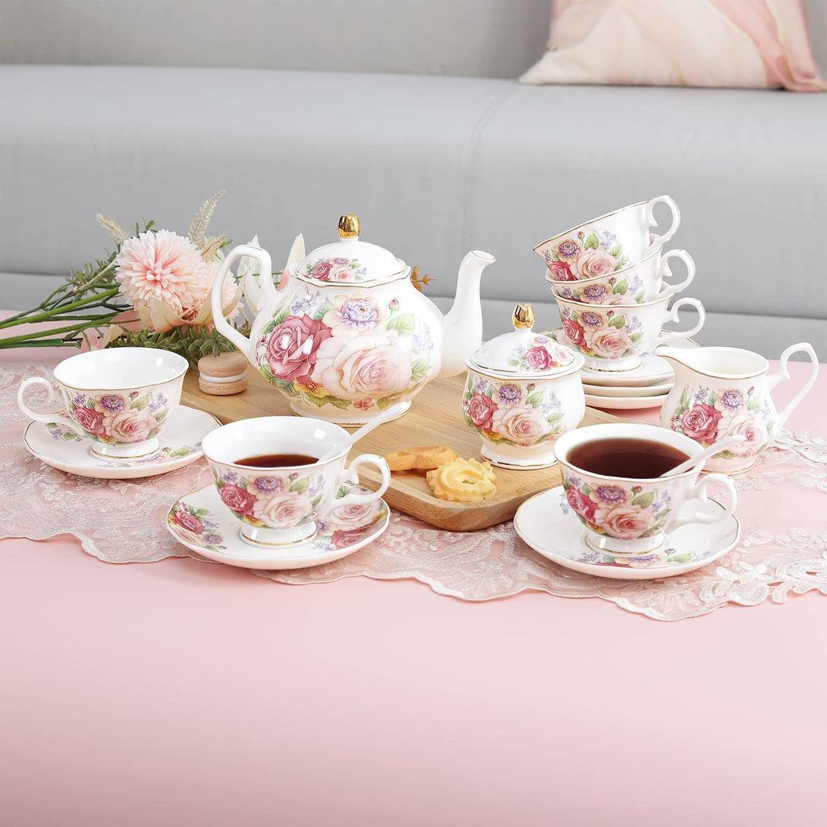 European Vintage Floral Porcelain Coffee Set, Pink Women Tea Set