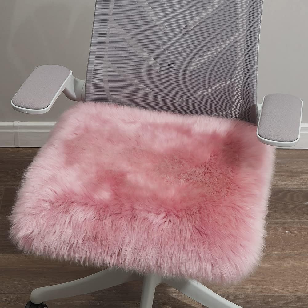 Sheepskin Chair Covers Office Chair Cushion Dining Room Chair Pads Desk Chair Seat Cushion for Computer Fur Area Rugs for Living Room 18x18 Inch (Pack of 1), Light Pink