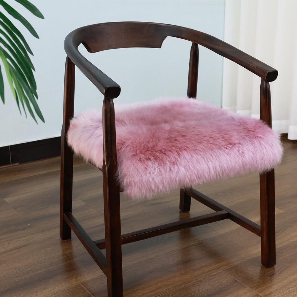 Sheepskin Chair Covers Office Chair Cushion Dining Room Chair Pads Desk Chair Seat Cushion for Computer Fur Area Rugs for Living Room 18x18 Inch (Pack of 1), Light Pink