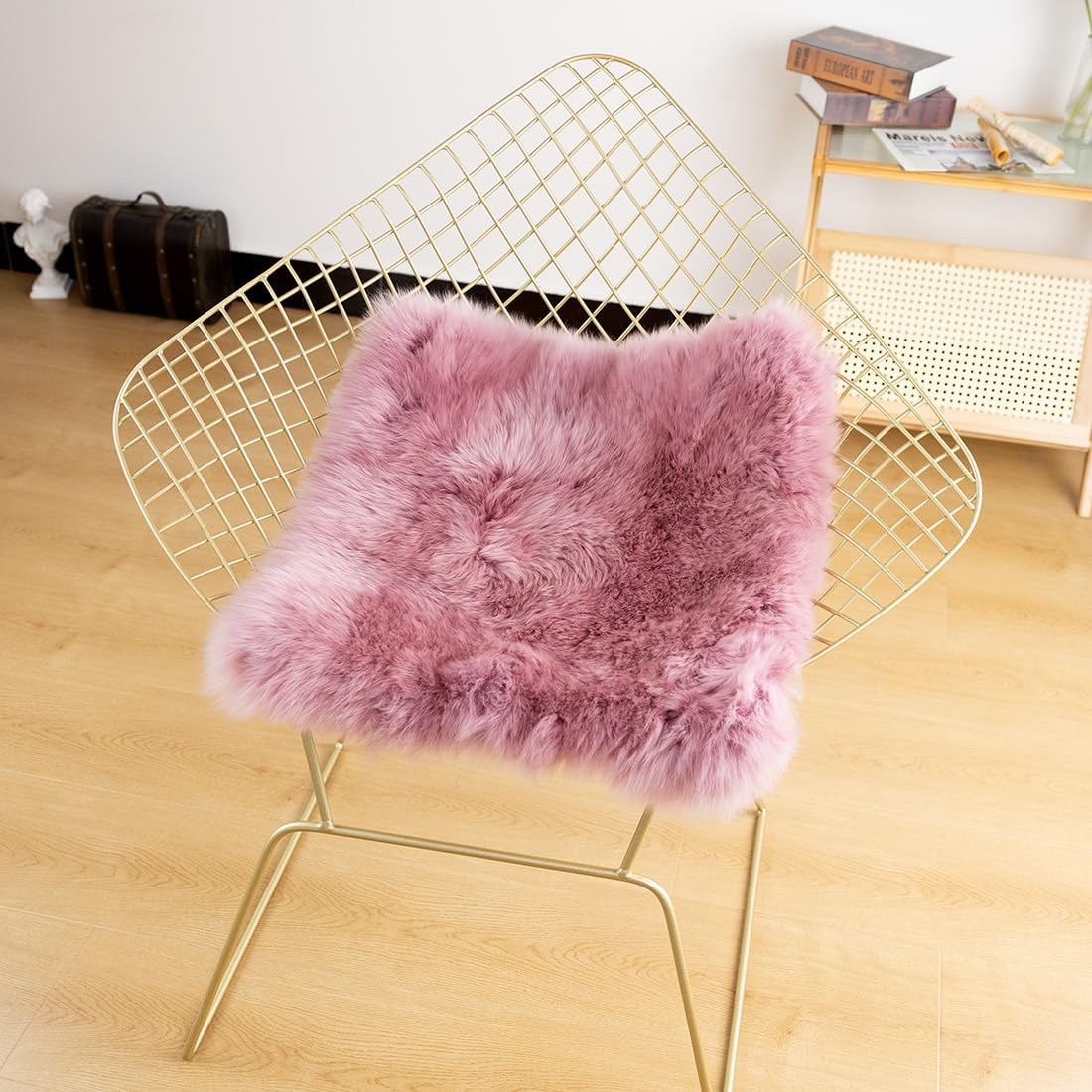 Sheepskin Chair Covers Office Chair Cushion Dining Room Chair Pads Desk Chair Seat Cushion for Computer Fur Area Rugs for Living Room 18x18 Inch (Pack of 1), Light Pink