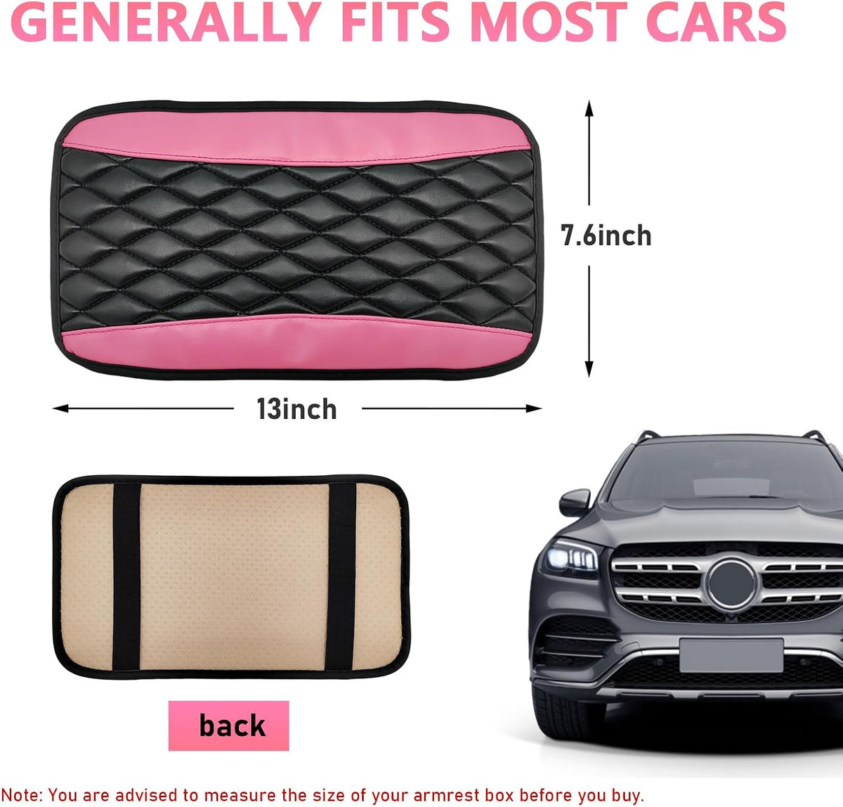 Car Center Console Cushion Pad, PU Leather Cover, Pink