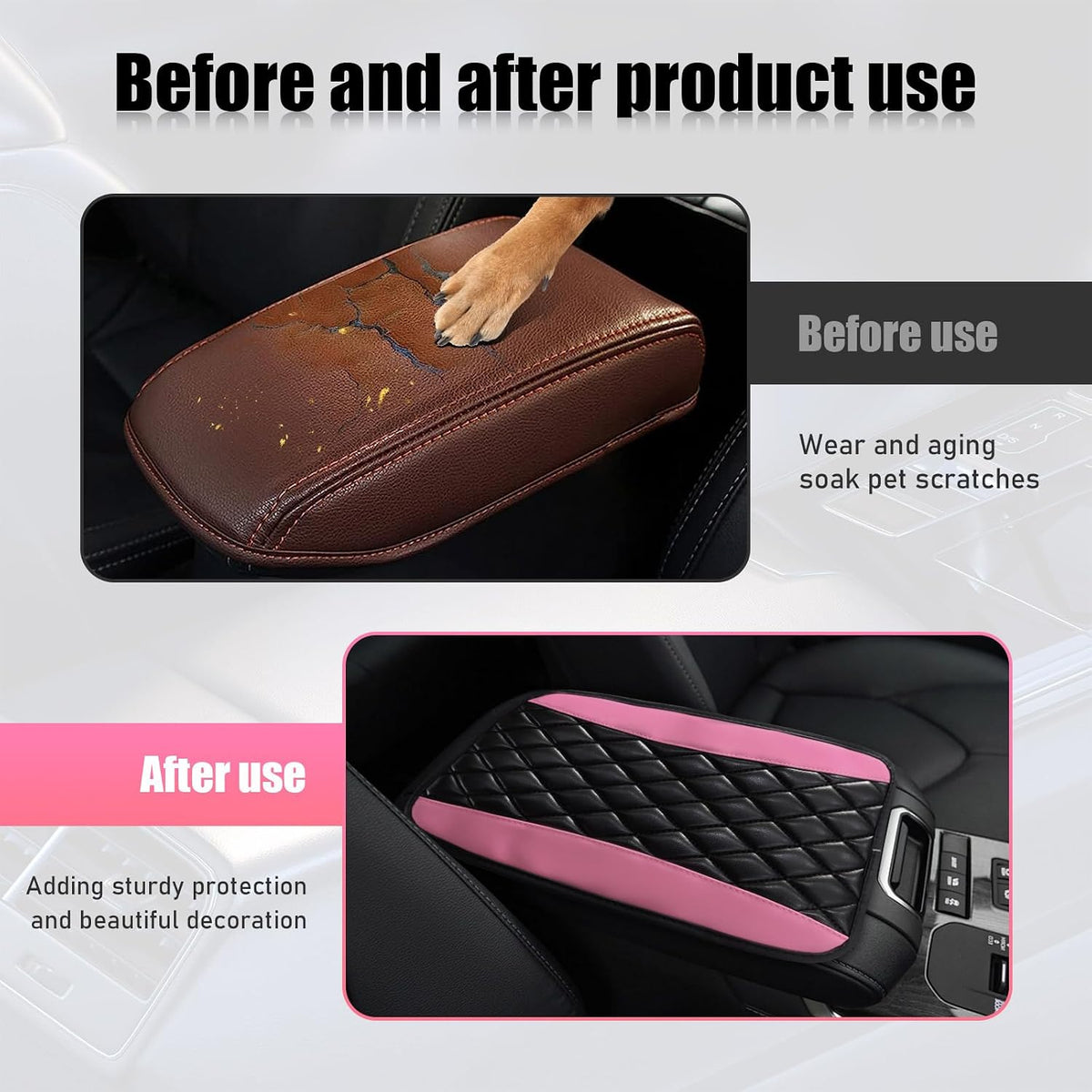 Car Center Console Cushion Pad, PU Leather Cover, Pink