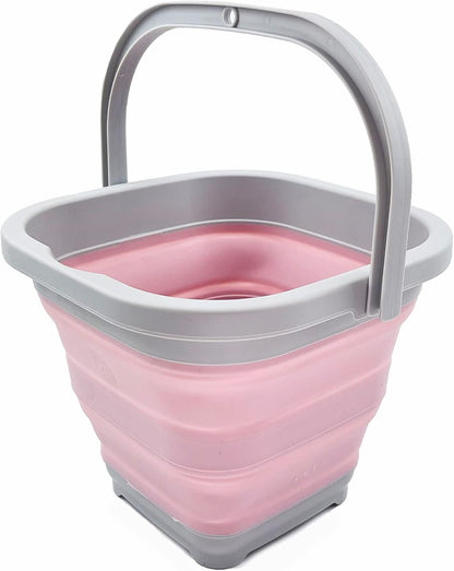 Collapsible Rectangular Cleaning Bucket 5L (1.3 Gallon)- Foldable Camping Beach Sand Water Pot Pail- Portable Space Saving Tub for Household, Outdoor Car Washing (Grey/Pale Pink)