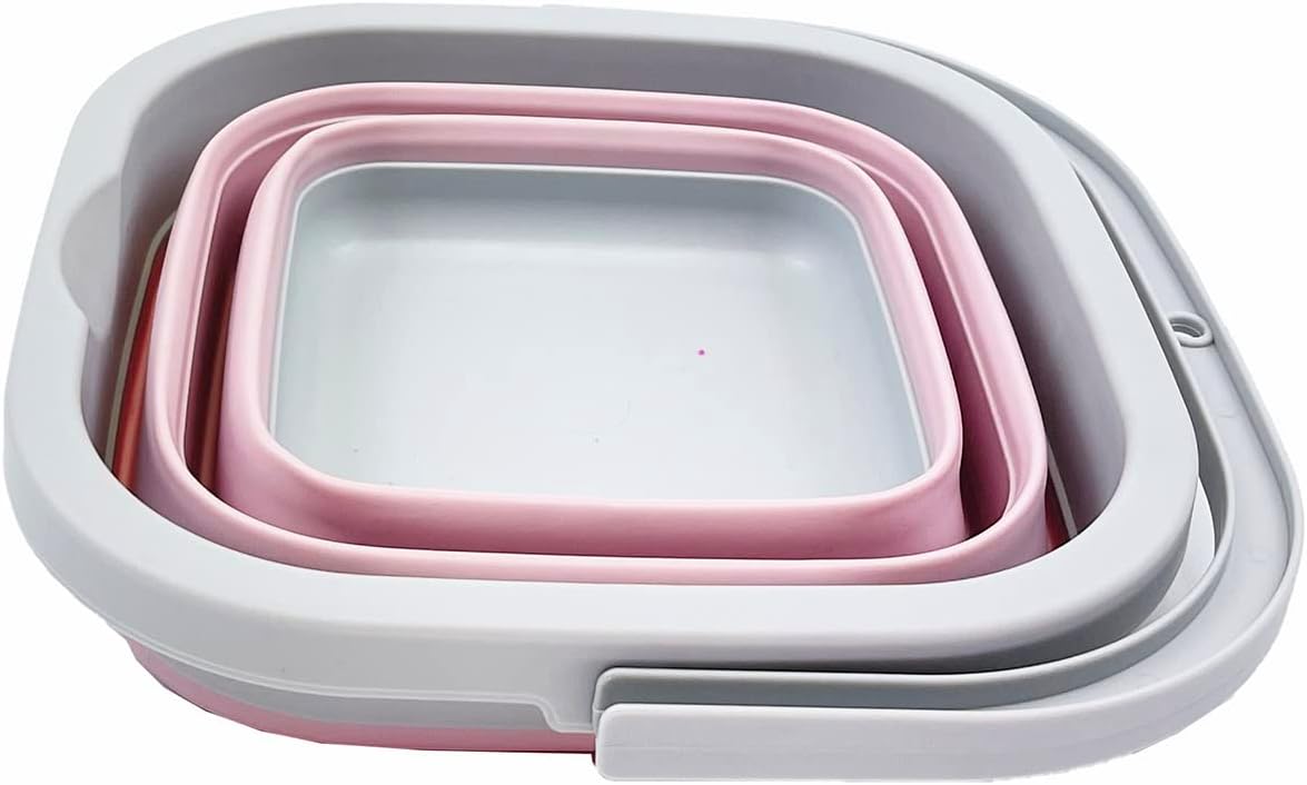 Collapsible Rectangular Cleaning Bucket 5L (1.3 Gallon)- Foldable Camping Beach Sand Water Pot Pail- Portable Space Saving Tub for Household, Outdoor Car Washing (Grey/Pale Pink)