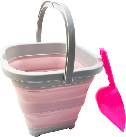 Collapsible Rectangular Cleaning Bucket 5L (1.3 Gallon)- Foldable Camping Beach Sand Water Pot Pail- Portable Space Saving Tub for Household, Outdoor Car Washing (Grey/Pale Pink)