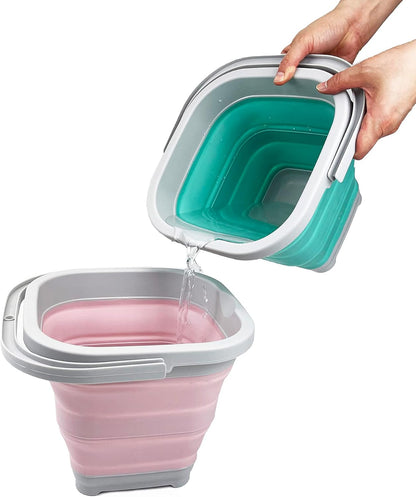 Collapsible Rectangular Cleaning Bucket 5L (1.3 Gallon)- Foldable Camping Beach Sand Water Pot Pail- Portable Space Saving Tub for Household, Outdoor Car Washing (Grey/Pale Pink)