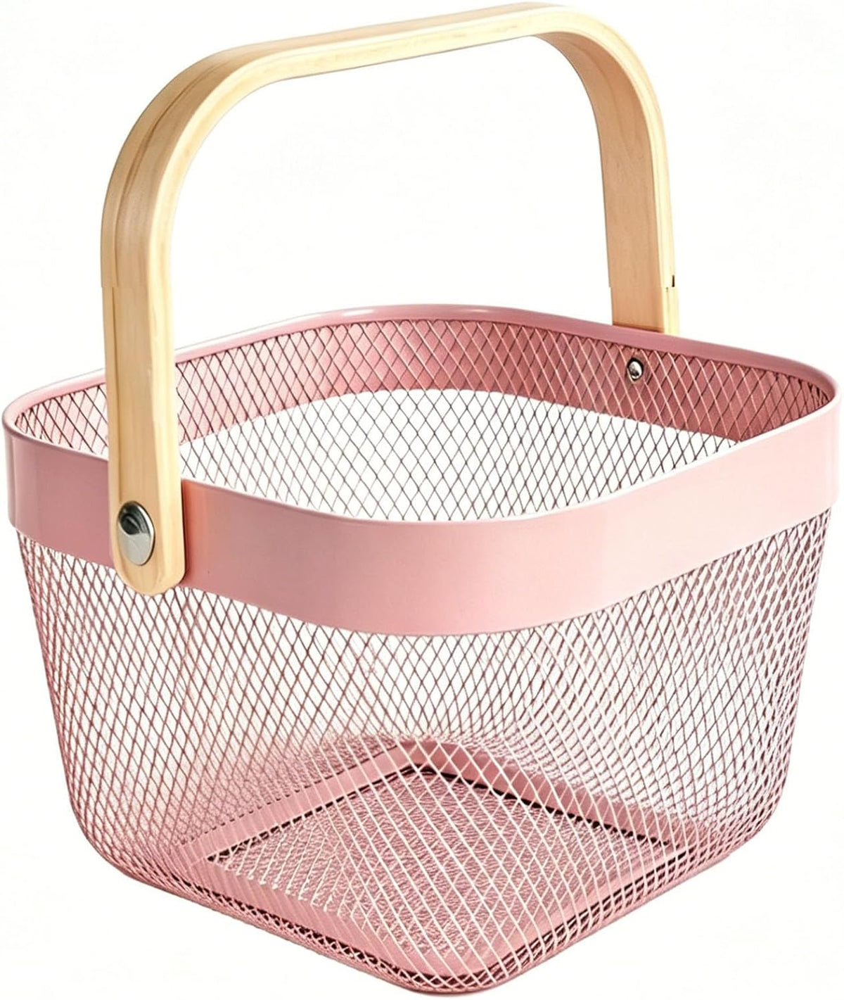 Metal Mesh Wire Basket, Small Steel Basket with Wooden Handle Storage Organizer Basket Multi-functional Hanging Kitchen Baskets Fruit Baskets for Kitchen Bathroom Cabinet Pantry, Rose Pink