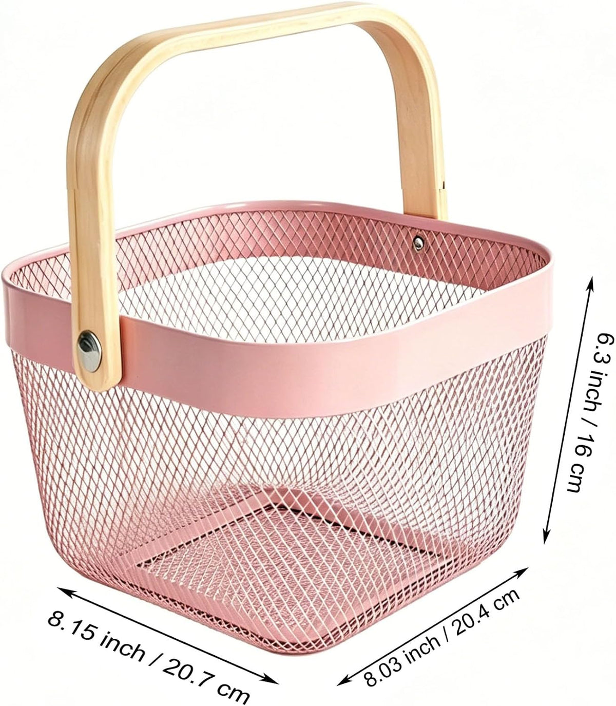 Metal Mesh Wire Basket, Small Steel Basket with Wooden Handle Storage Organizer Basket Multi-functional Hanging Kitchen Baskets Fruit Baskets for Kitchen Bathroom Cabinet Pantry, Rose Pink