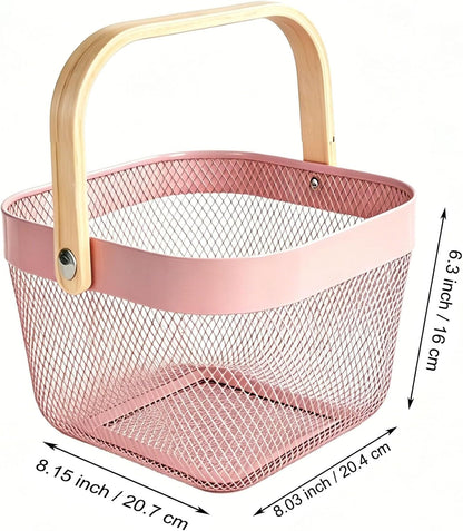 Metal Mesh Wire Basket, Small Steel Basket with Wooden Handle Storage Organizer Basket Multi-functional Hanging Kitchen Baskets Fruit Baskets for Kitchen Bathroom Cabinet Pantry, Rose Pink