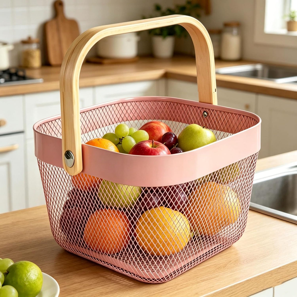 Metal Mesh Wire Basket, Small Steel Basket with Wooden Handle Storage Organizer Basket Multi-functional Hanging Kitchen Baskets Fruit Baskets for Kitchen Bathroom Cabinet Pantry, Rose Pink
