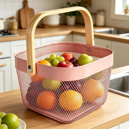 Metal Mesh Wire Basket, Small Steel Basket with Wooden Handle Storage Organizer Basket Multi-functional Hanging Kitchen Baskets Fruit Baskets for Kitchen Bathroom Cabinet Pantry, Rose Pink