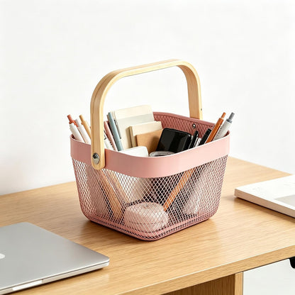 Metal Mesh Wire Basket, Small Steel Basket with Wooden Handle Storage Organizer Basket Multi-functional Hanging Kitchen Baskets Fruit Baskets for Kitchen Bathroom Cabinet Pantry, Rose Pink
