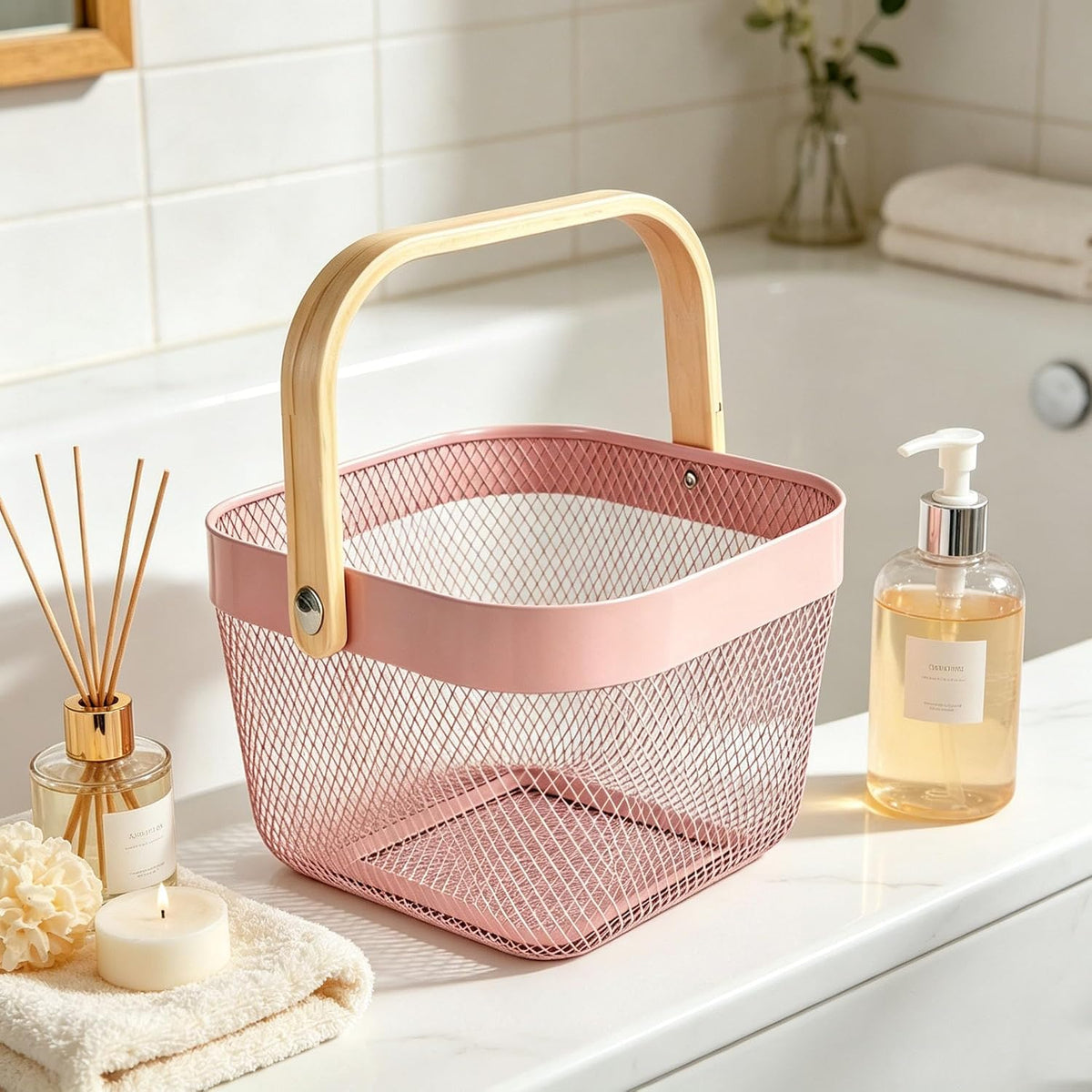 Metal Mesh Wire Basket, Small Steel Basket with Wooden Handle Storage Organizer Basket Multi-functional Hanging Kitchen Baskets Fruit Baskets for Kitchen Bathroom Cabinet Pantry, Rose Pink