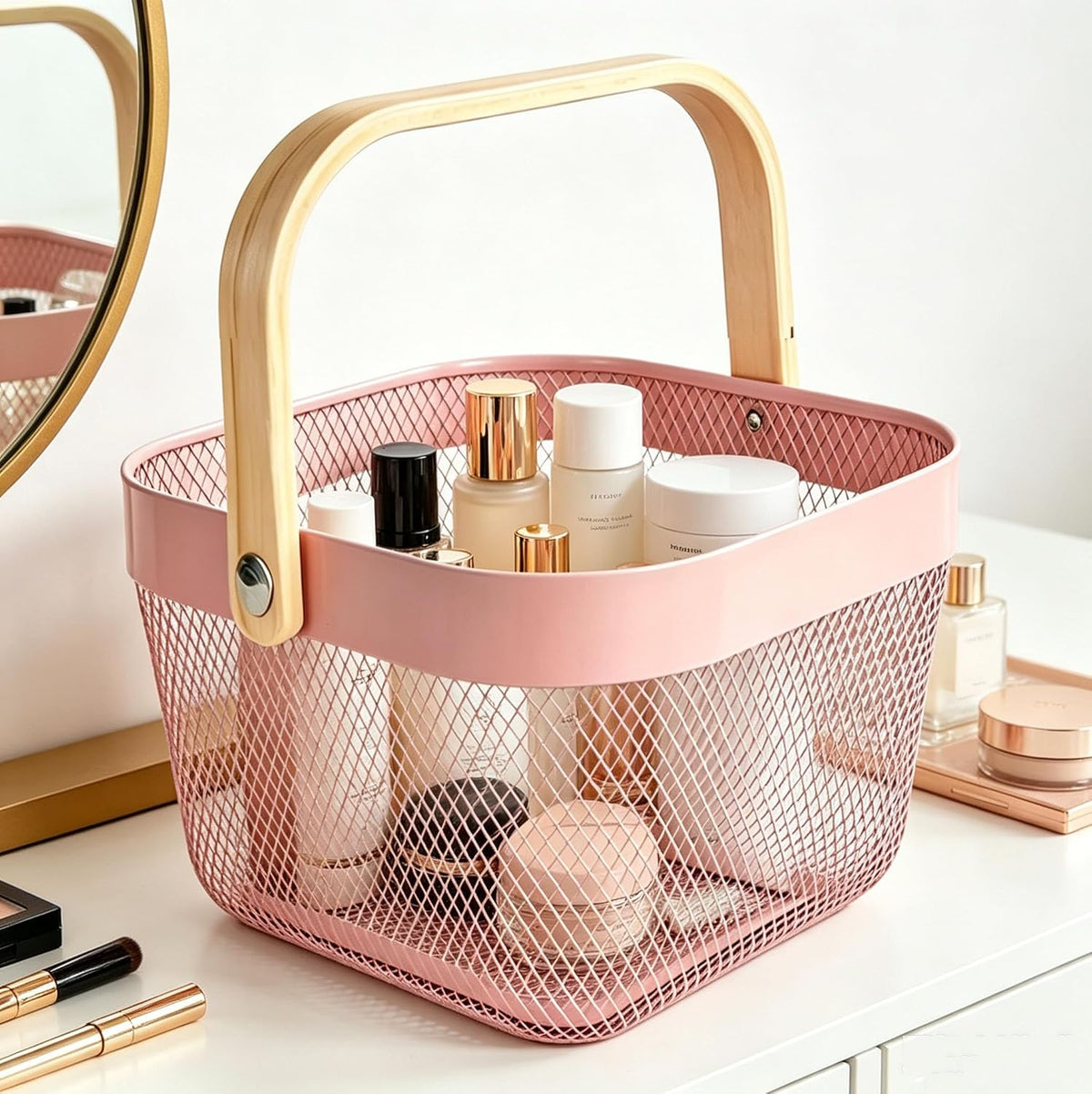 Metal Mesh Wire Basket, Small Steel Basket with Wooden Handle Storage Organizer Basket Multi-functional Hanging Kitchen Baskets Fruit Baskets for Kitchen Bathroom Cabinet Pantry, Rose Pink
