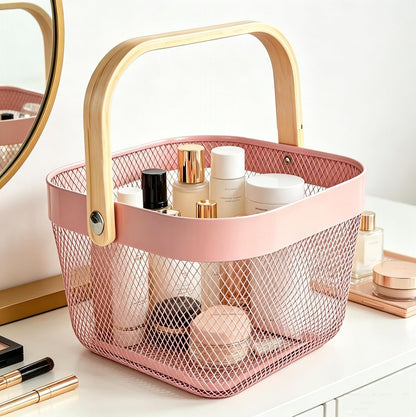 Metal Mesh Wire Basket, Small Steel Basket with Wooden Handle Storage Organizer Basket Multi-functional Hanging Kitchen Baskets Fruit Baskets for Kitchen Bathroom Cabinet Pantry, Rose Pink
