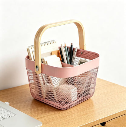 Metal Mesh Wire Basket, Small Steel Basket with Wooden Handle Storage Organizer Basket Multi-functional Hanging Kitchen Baskets Fruit Baskets for Kitchen Bathroom Cabinet Pantry, Rose Pink