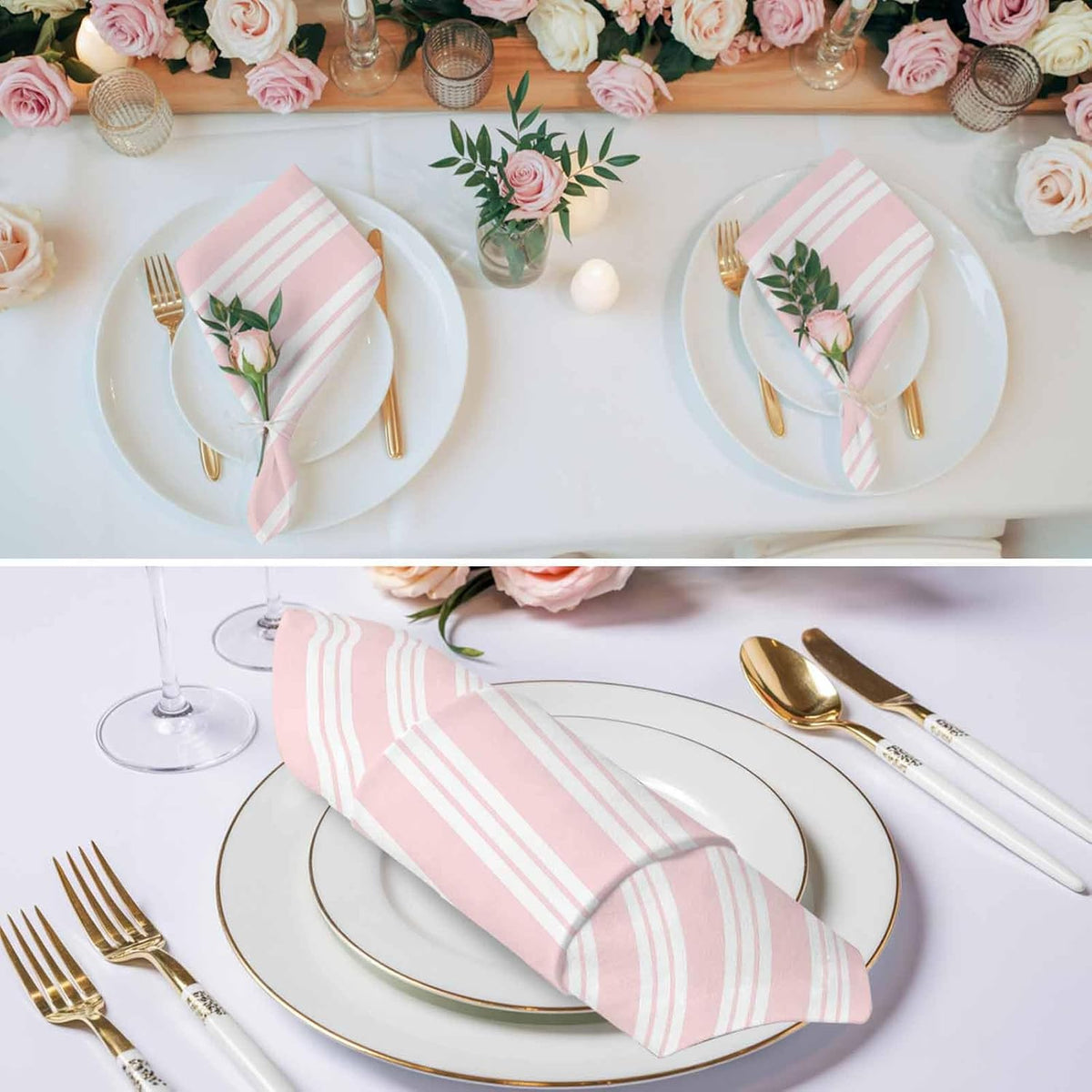 Striped Pink Cloth Napkins Set of 4, Holiday Napkins for Baby Shower, Farmhouse Line Stripes Classic Washable Reusable Dinner Napkin for Cocktail Wedding Party, 20 x 20 Inch