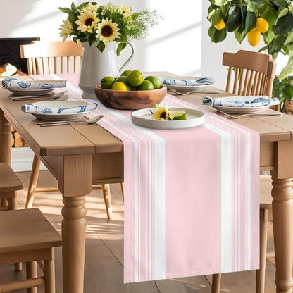 Farmhouse Pink Table Runners 90 Inches Long, Cotton Linen Fabric Table Runner Dresser Scarf, Aesthetic Modern Line Striped Tablerunner for Party/Kitchen/Dinner/Wedding Decor 13"x90"