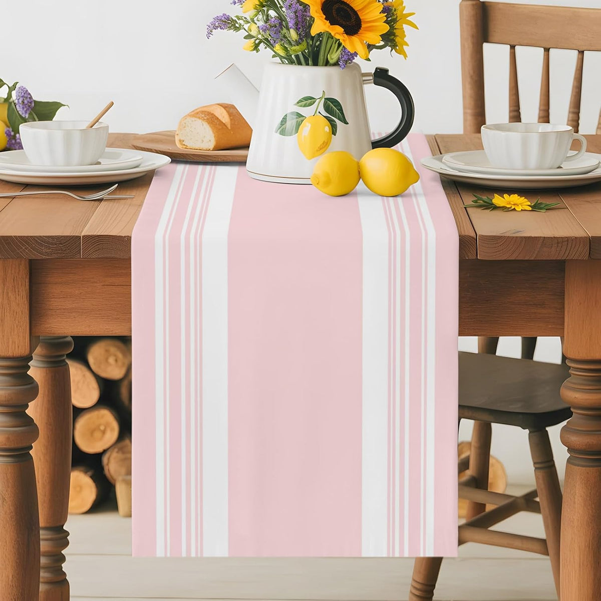 Farmhouse Pink Table Runners 90 Inches Long, Cotton Linen Fabric Table Runner Dresser Scarf, Aesthetic Modern Line Striped Tablerunner for Party/Kitchen/Dinner/Wedding Decor 13"x90"
