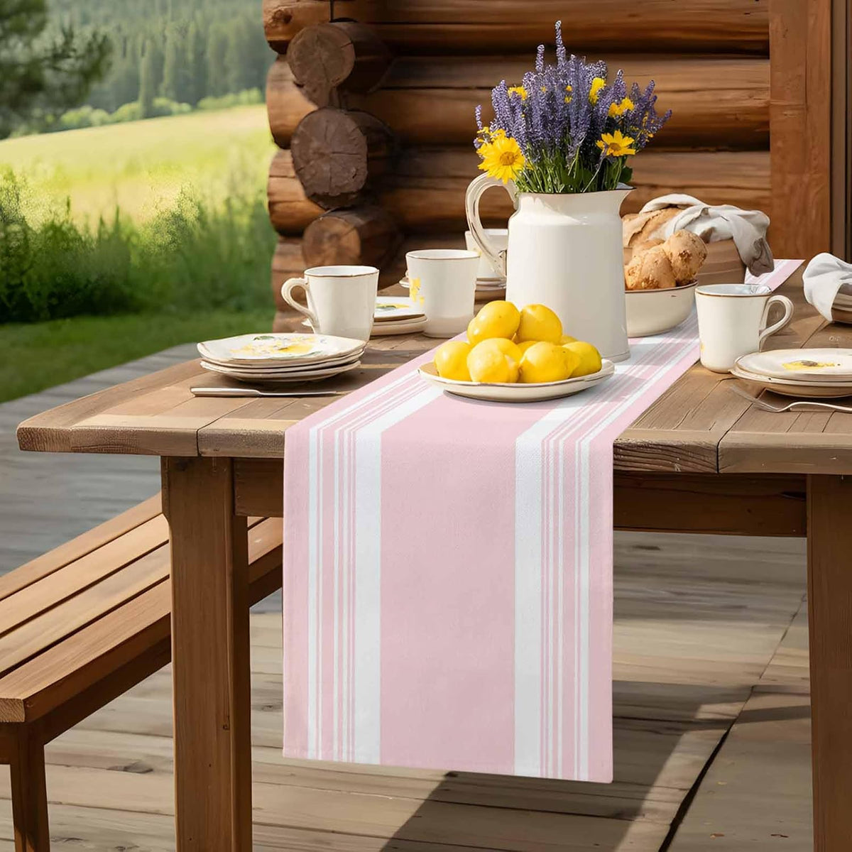 Farmhouse Pink Table Runners 90 Inches Long, Cotton Linen Fabric Table Runner Dresser Scarf, Aesthetic Modern Line Striped Tablerunner for Party/Kitchen/Dinner/Wedding Decor 13"x90"