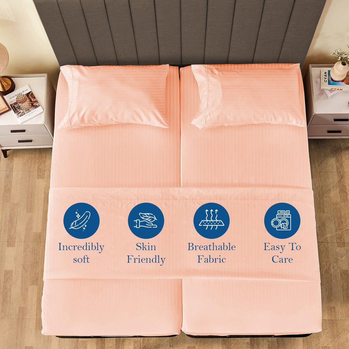 1000 TC Super Soft Giza Cotton Split Queen 5 Piece Sheet Set for Adjustable Bed Fits 25-30" Deep Pockets Bedding Sheets & Pillowcases (Stripe, Peach)